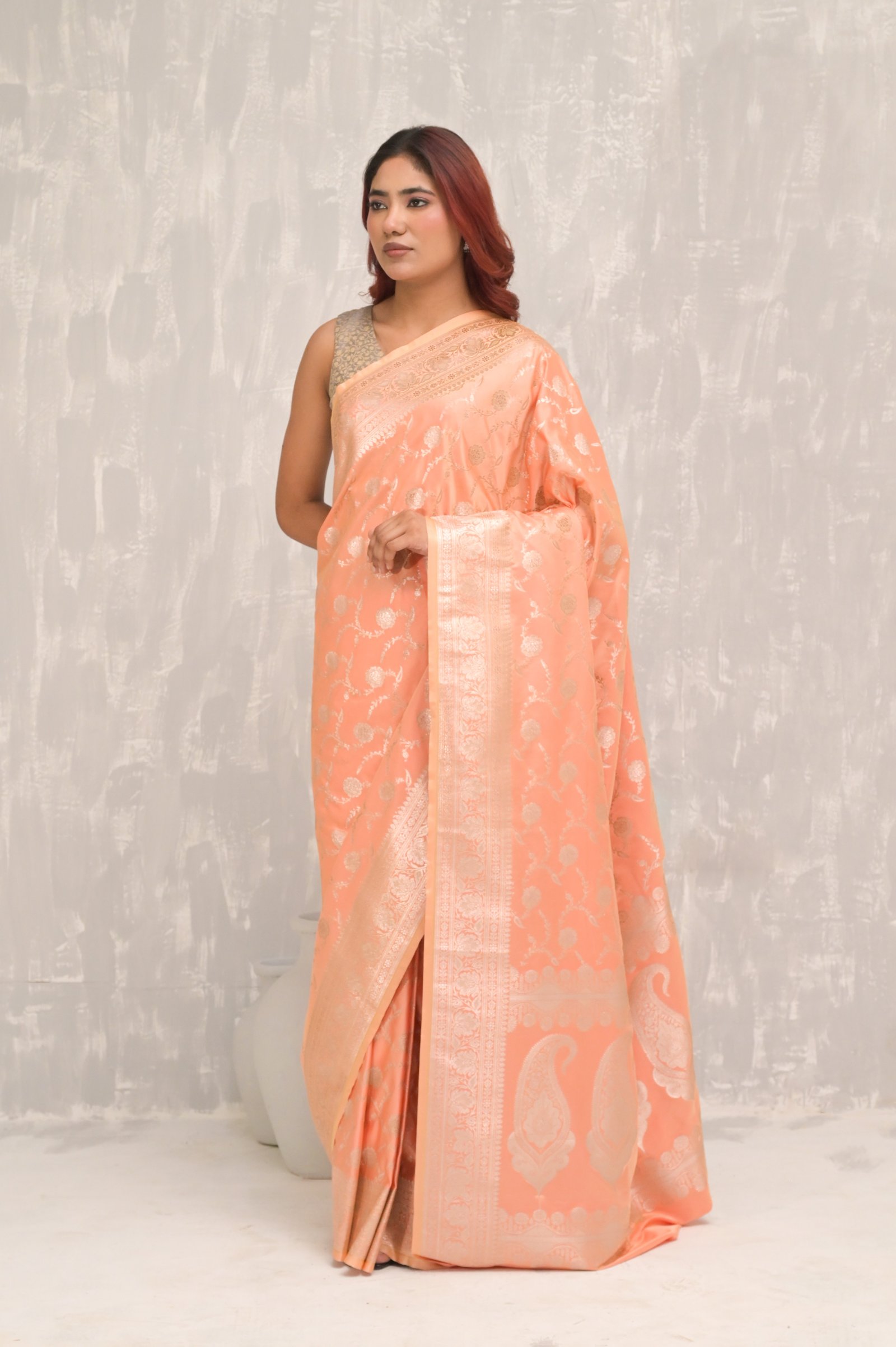 Peach floral Jangla Silver  Zari Handwoven Katan Silk Banarasi Saree
